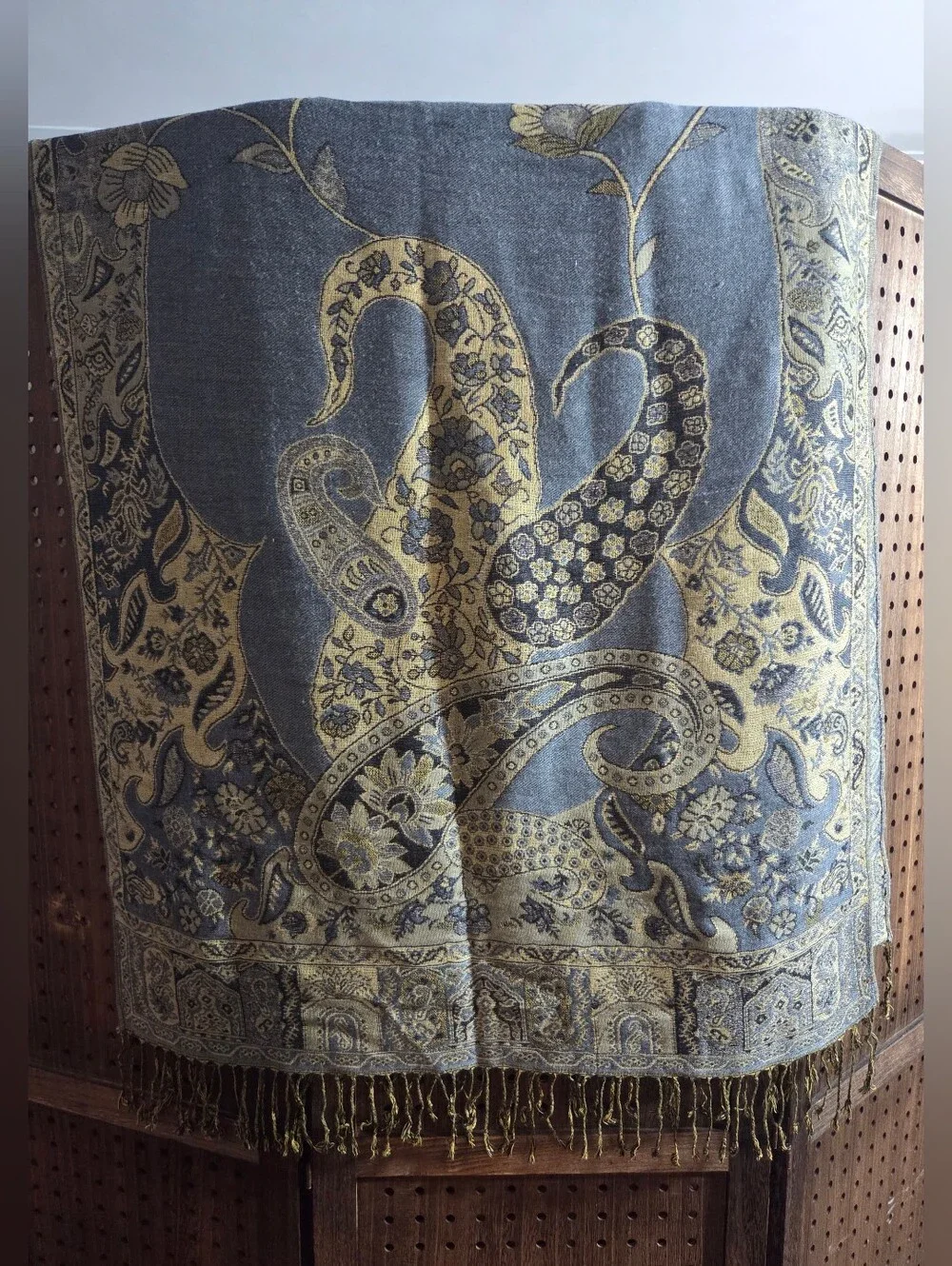 NEW Pashmina slate blue and gold jacquard paisley shawl